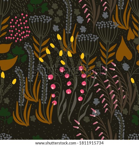 Hand drawn doodle flowers background. Seamless scandinavian pattern for fabric, textile. Blooming floral vector Illustration for wrapping paper, wallpaper. 