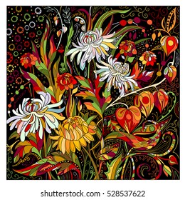 Hand drawn doodle flowers bouquet. Decorative floral illustration for adult coloring page. Abstract background for print on t-shirt.