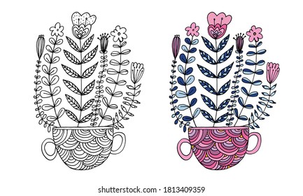 Hand drawn doodle flowers in a cup. Simple floral illustration isolated on white background
