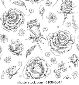 Hand drawn doodle flowers and floral elements. Seamless monochrome pattern with scattered roses and buds. Black and white coloring page. Vector sketch.