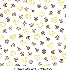 Hand drawn doodle flowers and hearts Seamless pattern. Valentines background. Happy Valentine's Day. Seamless floral pattern