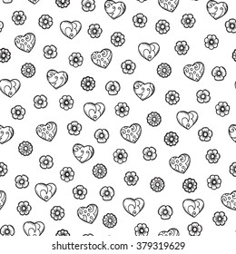 Hand drawn doodle flowers and hearts Seamless pattern. Valentines background. Happy Valentine's Day. Seamless floral pattern