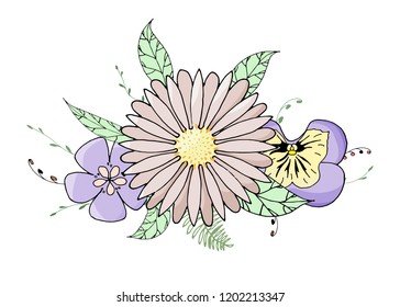 Hand drawn doodle flowers. Ink art illustration on white background. Postcard,card, poster design, website design, logo, banner.