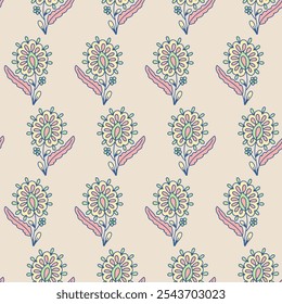 Hand drawn doodle flowers seamless pattern on beige background. Simple floral background.