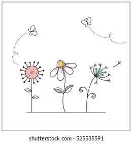 Hand drawn doodle flowers set with butterflies