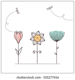 Hand drawn doodle flowers set with dragonflies