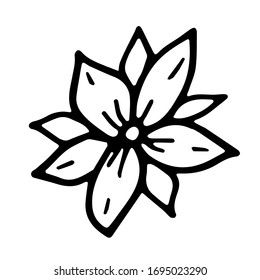 handgezeichnetes Blumendoodle. Einfache Kollektion von Blumenskizzen. schwarz-weiß mit Buchstaben Blumen. Vektorillustration einzeln auf weißem Hintergrund.
