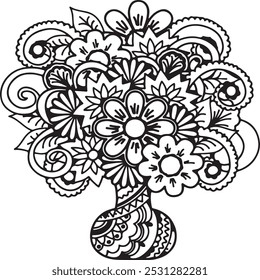 Flores de rabiscar desenhadas à mão no vaso. Imagem para livros de colorir adultos, tatuagem, decorar pratos, copos, porcelana, cerâmica, ilustração vetorial