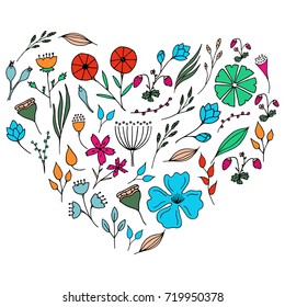 Hand drawn doodle flowers. Vector line floral illustration in the form of heart.