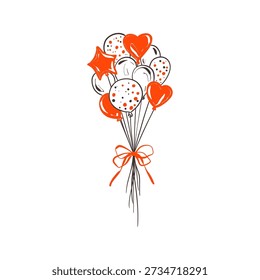 Hand drawn doodle flying balloon bunch with cute girly coquettish bow. Linear Valentines day, birthday, bachelorette party whimsical coquette element. Aesthetic decoration with glitter and confetti