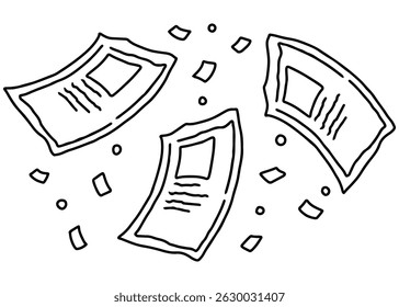 Hand drawn doodle flying document paper. Simple design background, school, exam, education elements