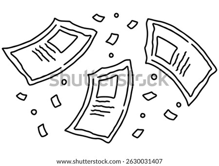 Hand drawn doodle flying document paper. Simple design background, school, exam, education elements
