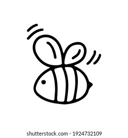 Hand drawn doodle flying honey bee icon isolated on white background. Vector illustration cute character. Design for card, pattern, web, flyer