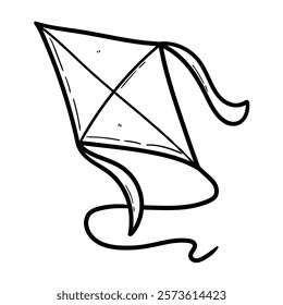 Hand drawn doodle flying kite isolated on white background. Vector illustration.