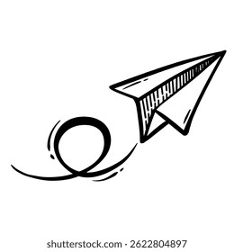 Dibujado a mano doodle de un icono de avión de papel volador. Esta ilustración de estilo de boceto en blanco y negro es perfecta para conceptos creativos como libertad, viajes, imaginación o comunicación.