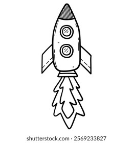 Hand drawn doodle flying rocket spaceship isolated on white background. Vector illustration.