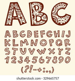 Hand drawn doodle folkloric ornamental alphabet with numbers.