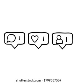 hand drawn doodle follower notification icon.Social network signs. Social media comment, like, follower illustration.doodle