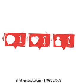icono de notificación de seguimiento de doodle dibujado a mano.Signos de red social. Comentarios de medios sociales, como, ilustración de seguidores.doodle