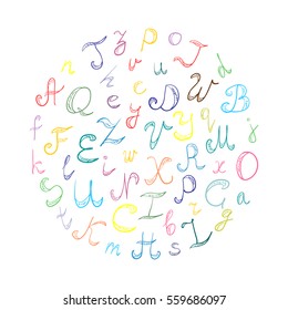 Hand Drawn Doodle Font. Children Drawings of Colorful Scribble Alphabet Arranged in a Circle. Vector Illustration.