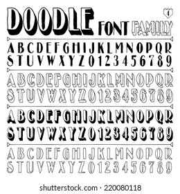 Hand drawn doodle font family N4 isolated on white. Vector illustration.