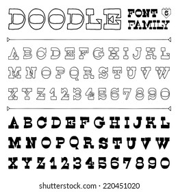 Hand drawn doodle font family N6 isolated on white. Vector illustration.