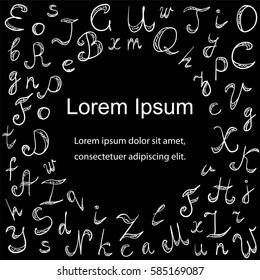 Hand Drawn Doodle Font on Black. Children Drawings of Scribble Alphabet Arranged in a Circle.  Vector Illustration.