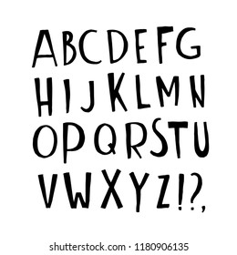 Hand drawn doodle font. Hand painted ink alphabet, creative letters ABC upper case set. Doodle comic font for your design.