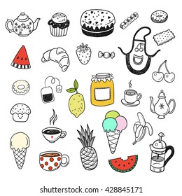 Hand drawn doodle food, confectionery elements set with sweets, candies, cupcakes, cookies, chocolates, fruits.
