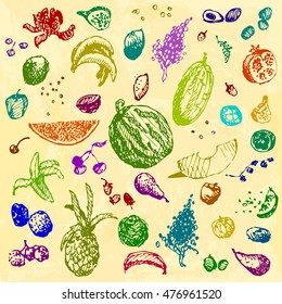 Hand drawn doodle food, fruits and berries. Colored objects, yellow watercolor seamless background. Design illustration for poster, flyer.