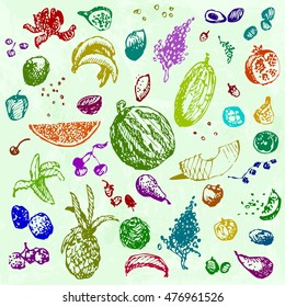 Hand drawn doodle food, fruits and berries. Colored objects, green watercolor seamless background. Design illustration for poster, flyer.