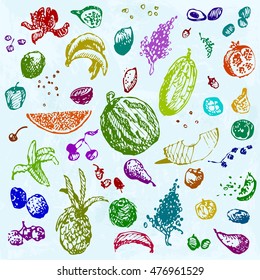 Hand drawn doodle food, fruits and berries. Colored objects, blue watercolor seamless background. Design illustration for poster, flyer.
