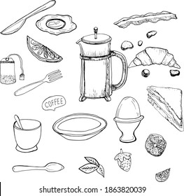 Hand drawn doodle food icon background. Hand drawn 
party background. Food icons set. Morning food menu
 design. Collection of dishes for breakfast. Vintage hand 
drawn sketch, vector illustration. 