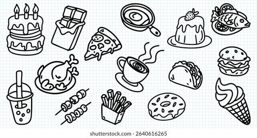 Hand Drawn Doodle Food Icons Collection, Fast Food, Desserts, and Beverages.