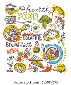 Hand drawn doodle food illustration. Breakfast set. Dish top view.