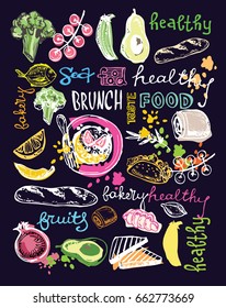 Hand drawn doodle food illustration. Big set Healthy food
