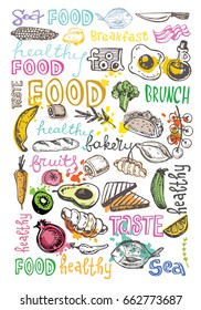 Hand drawn doodle food illustration. Big set Healthy food