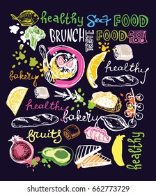 Hand drawn doodle food illustration. Big set Healthy food