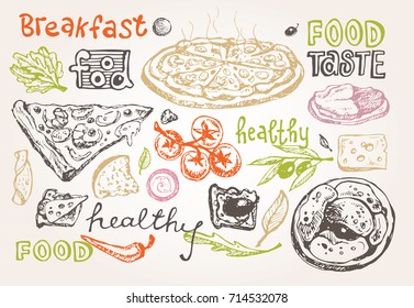 Hand drawn doodle food illustration. Breakfast set. Dish top view.Italian food