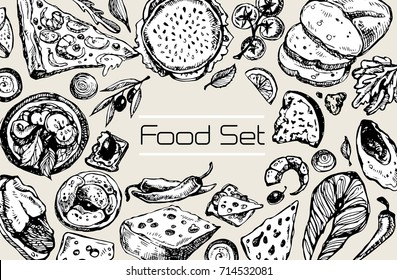 Hand drawn doodle food illustration. Breakfast set. Dish top view.Italian food