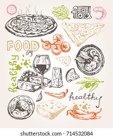 Hand drawn doodle food illustration. Breakfast set. Dish top view.Italian food