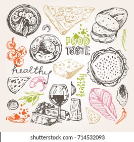 Hand drawn doodle food illustration. Breakfast set. Dish top view.Italian food