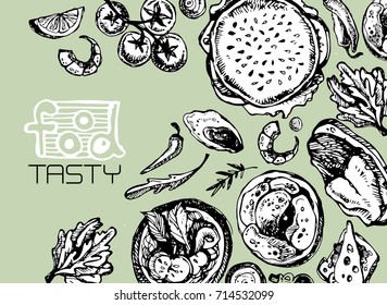 Hand drawn doodle food illustration. Breakfast set. Dish top view.Italian food