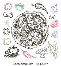 Hand drawn doodle food illustration. Breakfast set. Dish top view.Italian food