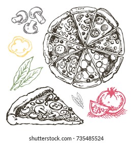Hand drawn doodle food illustration. Breakfast set. Dish top view.Italian food