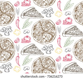 Hand drawn doodle food illustration. Breakfast set. Dish top view.Italian food