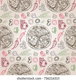 Hand drawn doodle food illustration. Breakfast set. Dish top view.Italian food