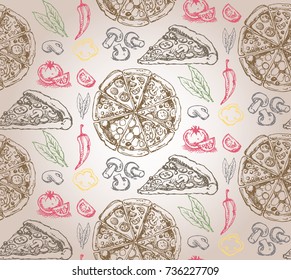 Hand drawn doodle food illustration. Breakfast set. Dish top view.Italian food