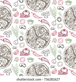 Hand drawn doodle food illustration. Breakfast set. Dish top view.Italian food