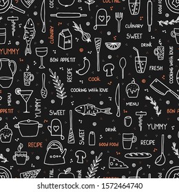 Hand drawn doodle food and kitchen utensils seamless pattern on black background. Vector illustration.